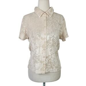 Vintage 90s Cream Velvet Floral Short Sleeve Button-Down Top M